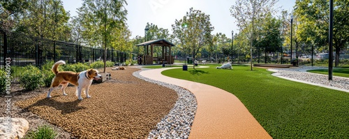 An environmentally conscious pet supply store with products made from biodegradable materials and a dog park with recycled rubber flooring