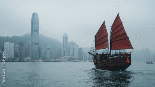 A traditional Chinese junk boat sails through Hong Kong waters, framed by modern skyscrapers under a misty sky.