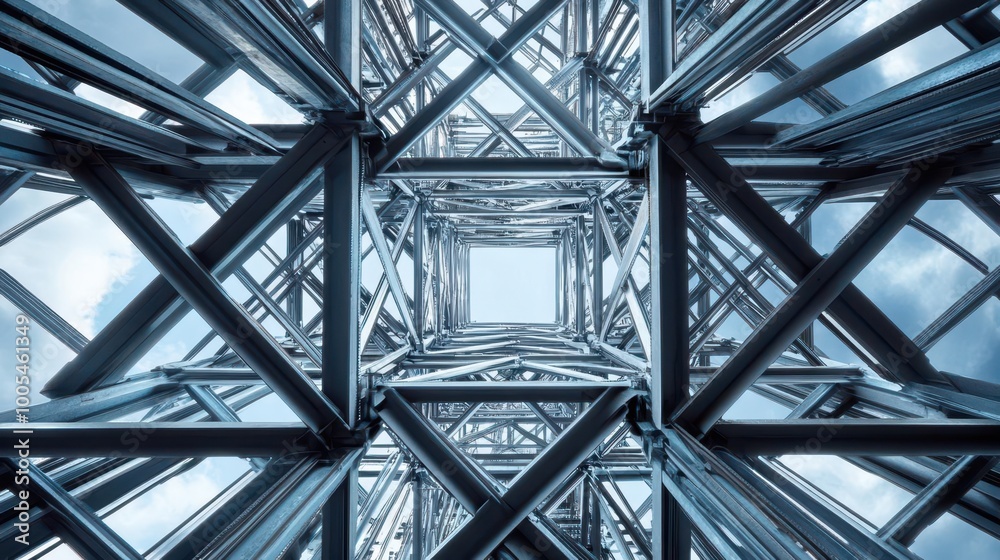 A web of steel beams seen from below, symbolizing the structure and resilience of modern engineering, steel beams engineering and construction A web of steel beams seen from below, symbolizing the structure and resilience of modern engineering, steel beams engineering and construction