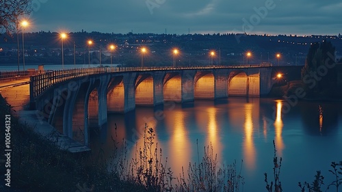 A tranquil evening scene featuring a beautifully illuminated bridge over a calm river, reflecting warm lights in the water.