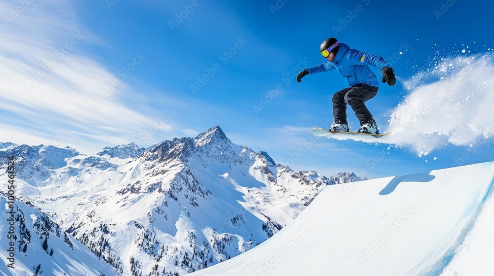 Snowboarder catching air off a jump, mountains in the background, showcasing extreme action Snowboarder catching air off a jump, mountains in the background, showcasing extreme action