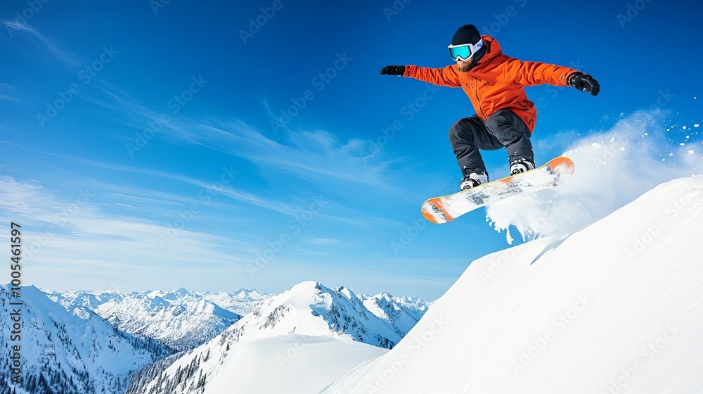 Snowboarder catching air off a mountain peak, snow flying, showcasing winter adrenaline Snowboarder catching air off a mountain peak, snow flying, showcasing winter adrenaline