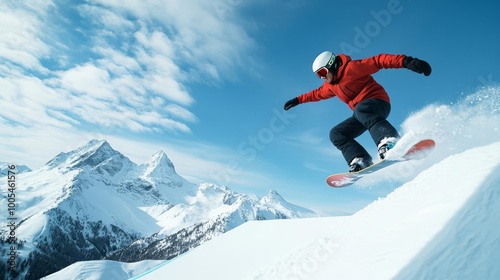 Snowboarder catching air off a jump, mountains in the background, showcasing extreme action