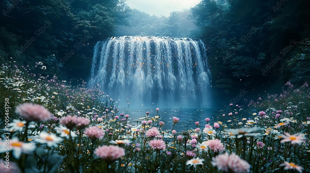 A serene waterfall cascading into a tranquil pool, surrounded by vibrant flowers and lush greenery, capturing nature's beauty.