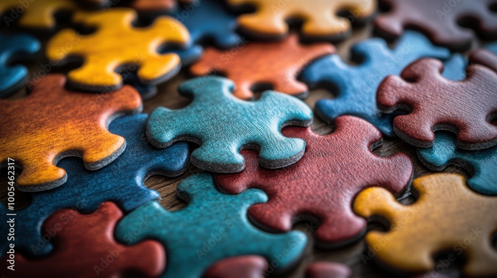 Colorful jigsaw puzzle pieces on a wooden surface, flat lay view. Colorful jigsaw puzzle pieces on a wooden surface, flat lay view.