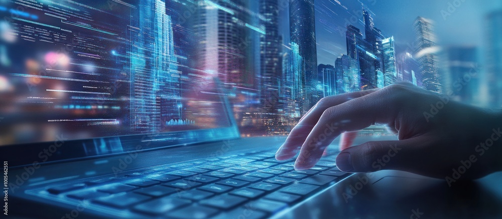 Hand Typing on a Laptop With a Cityscape Background Hand Typing on a Laptop With a Cityscape Background