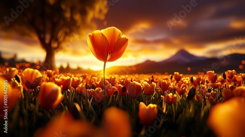 A vibrant sunset over a field of blooming orange tulips, creating a picturesque and serene natural landscape. #1005462585