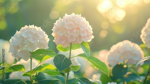 Beautiful hydrangea flowers basking in soft sunlight, creating a serene and refreshing garden atmosphere.