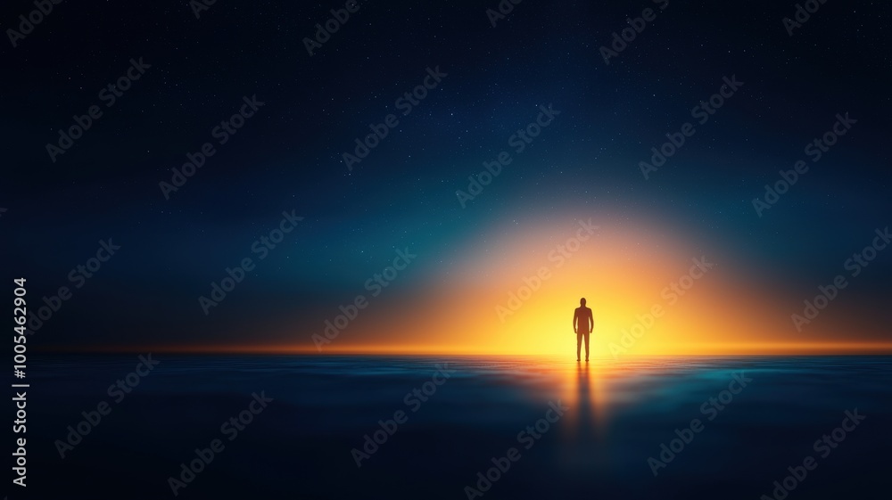 Silhouette of a Person Against a Glowing Horizon Silhouette of a Person Against a Glowing Horizon