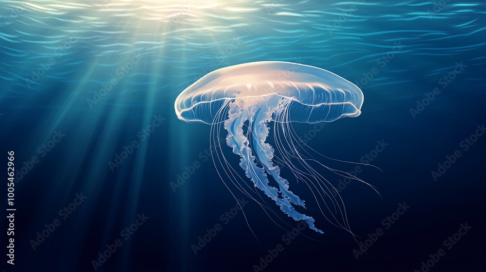 Fototapeta premium A translucent jellyfish with long tentacles floats in the ocean with sunlight shining down from above.