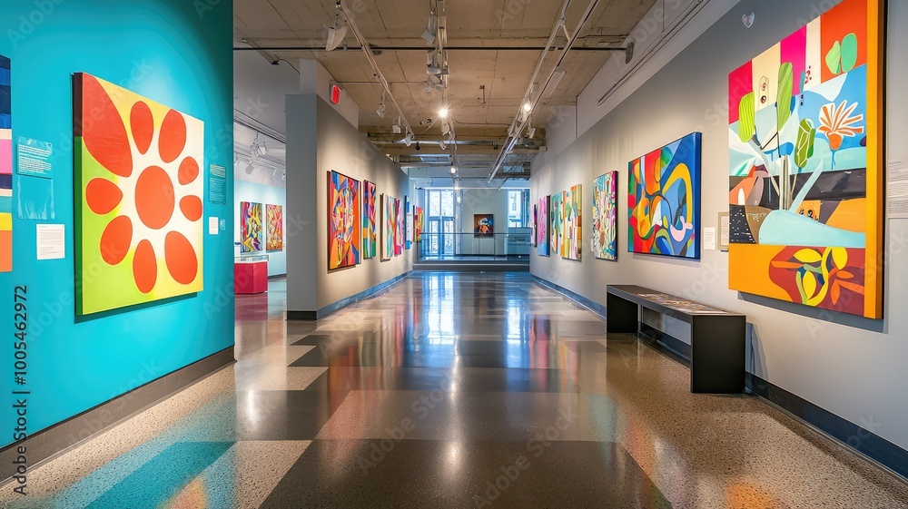 A vibrant art gallery showcasing colorful paintings, creating an inspiring and dynamic atmosphere for visitors and artists alike. A vibrant art gallery showcasing colorful paintings, creating an inspiring and dynamic atmosphere for visitors and artists alike.