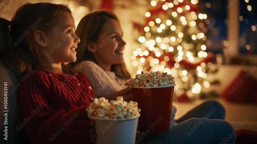 Mother and Daughter Watching a Movie with Popcorn by a Christmas Tree Mother and Daughter Watching a Movie with Popcorn by a Christmas Tree