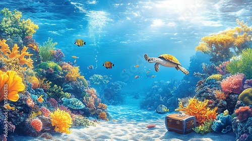 Underwater Scene with Sea Turtle, Coral Reef, and a Chest photo