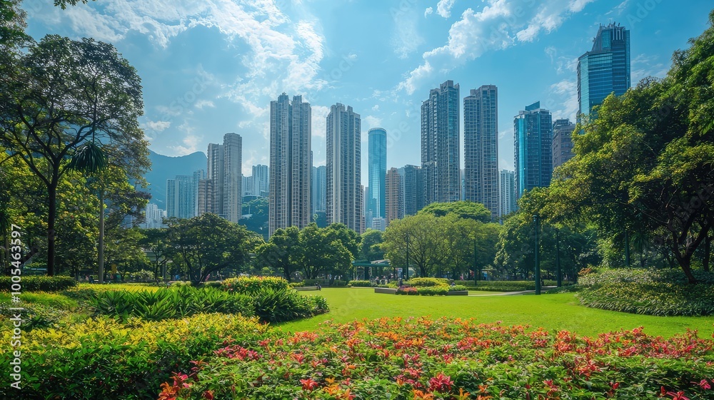 Fototapeta premium A vibrant city park with colorful flowers and surrounding skyscrapers under a bright blue sky.