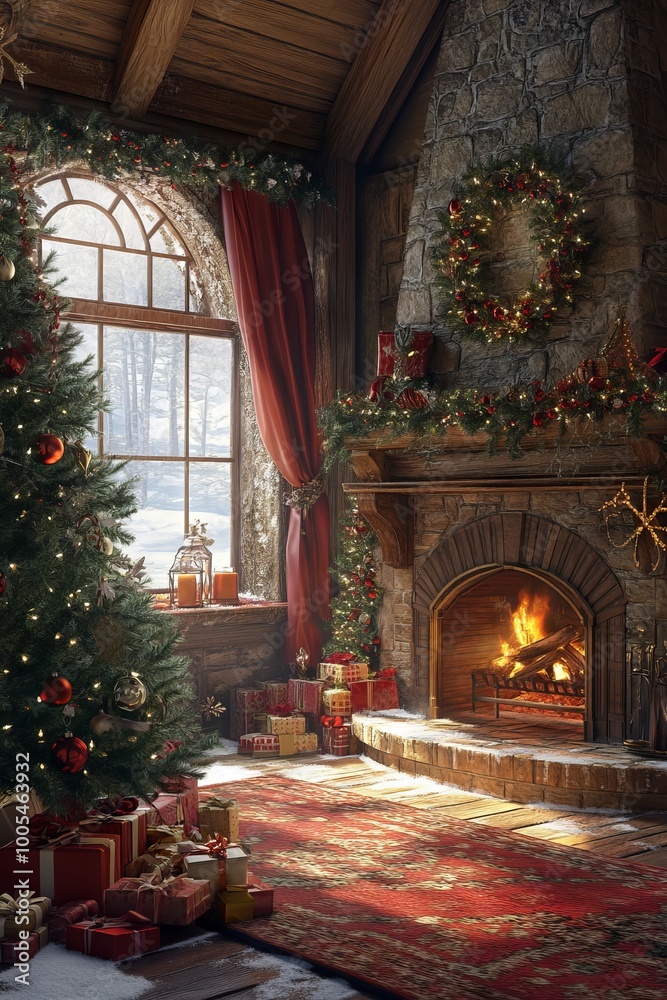 A cozy living room with a fireplace and a Christmas tree. The room is decorated with red curtains and a wreath on the mantle. There are several presents scattered around the room