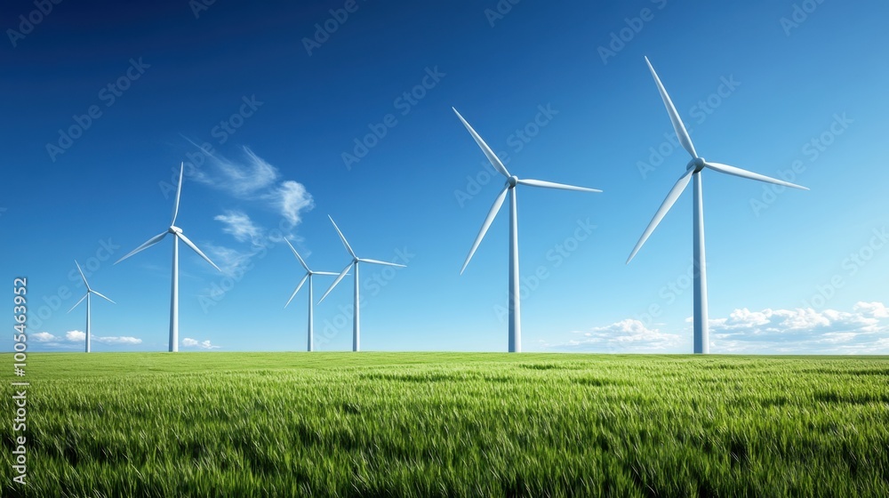 Wind turbines in an open field with clear skies turning gracefully in a sustainable energy landscape with bright green grass Wind turbines in an open field with clear skies turning gracefully in a sustainable energy landscape with bright green grass