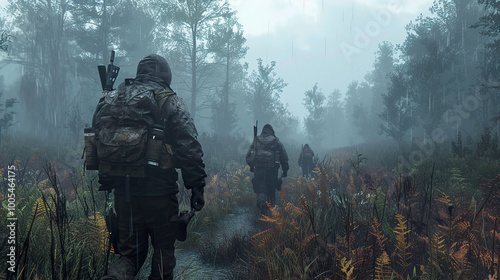 Three Figures Walking Through a Foggy Forest