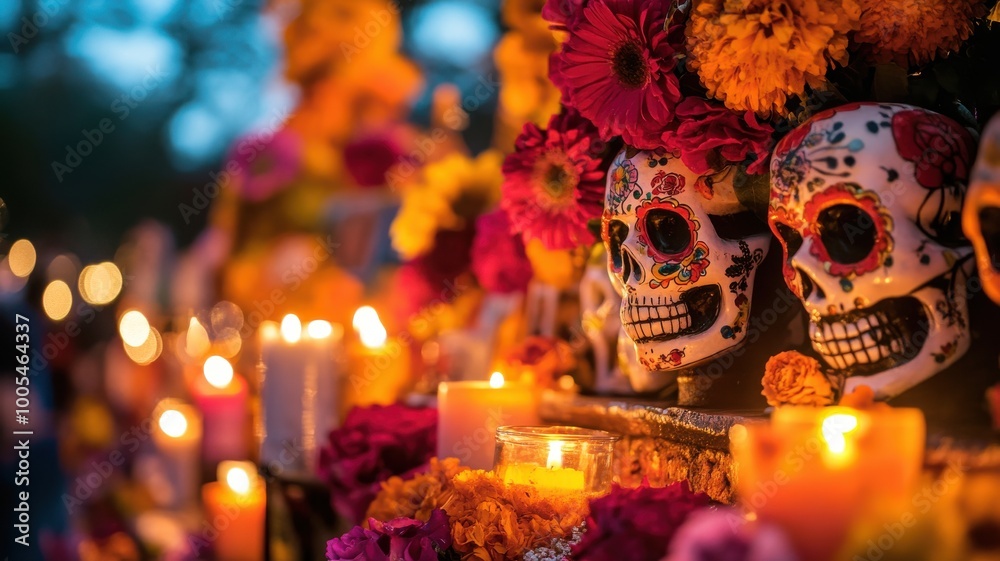 Colorful skulls and flowers celebrate a vibrant cultural tradition.