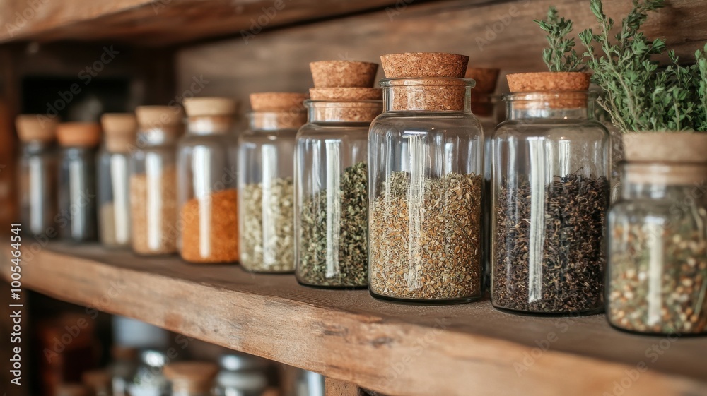 Colorful spice jars arranged neatly on a wooden shelf, rustic kitchen decor. Colorful spice jars arranged neatly on a wooden shelf, rustic kitchen decor.