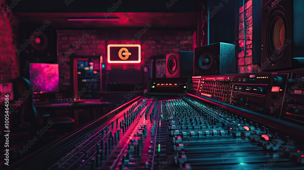 A vibrant music studio with a mixing console, neon lights, and a creative atmosphere. Perfect for music production and audio engineering. A vibrant music studio with a mixing console, neon lights, and a creative atmosphere. Perfect for music production and audio engineering.