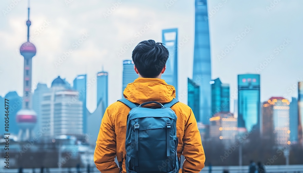 Obraz premium A lone traveler contemplates the urban jungle of Shanghai