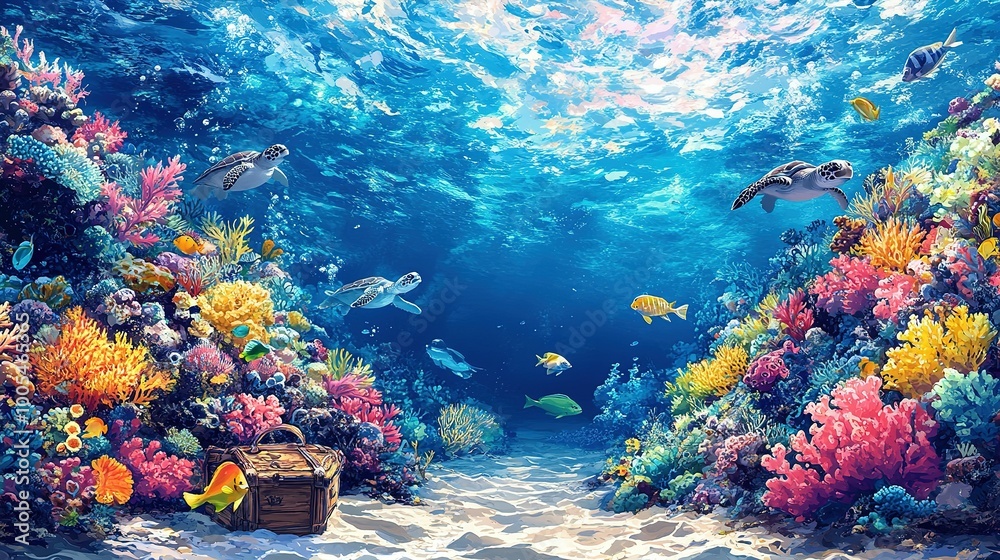 Obraz premium A Treasure Chest Hidden Among Vibrant Coral Reef and Sea Turtles
