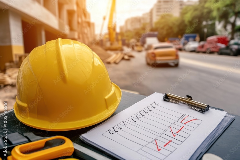 Construction site tools and plans with a safety helmet on a sunny day. Construction site tools and plans with a safety helmet on a sunny day.
