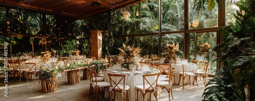 An environmentally friendly wedding venue with decorations made from recycled and natural materials, offering plant-based catering options