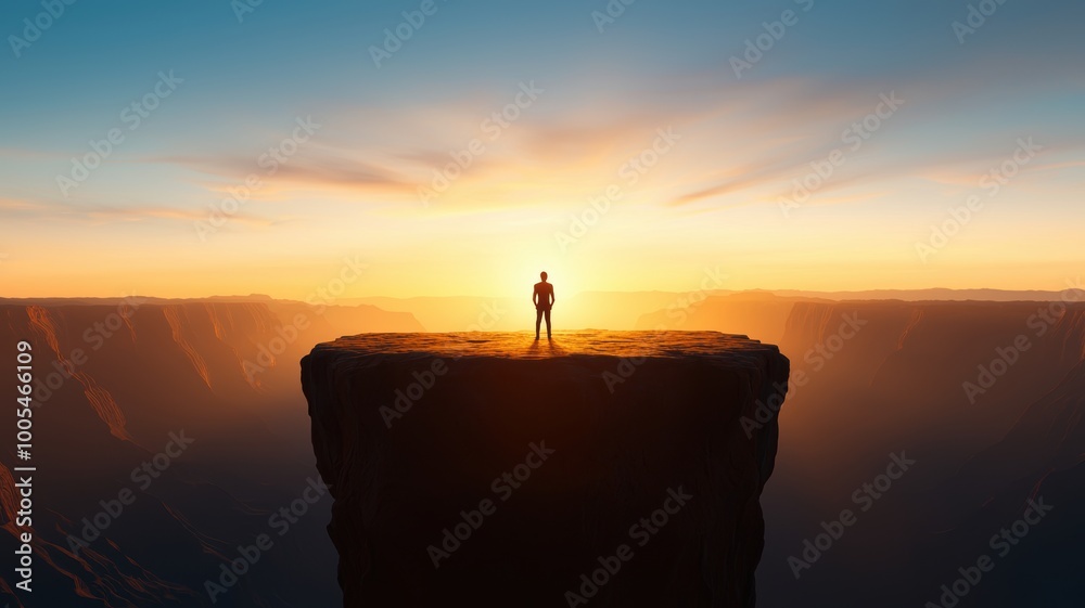 Figure Staring Into Deep Canyon at Sunrise