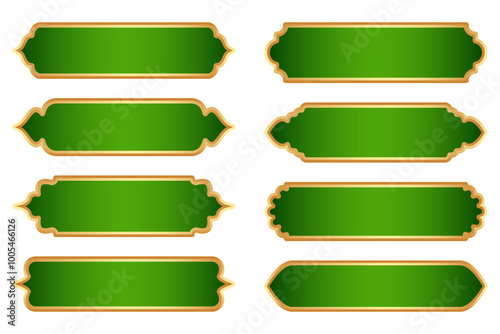 Ramadan Islamic frames with golden border. Indian ribbon shape for oriental sale banner. Tag vector element with traditional Muslim ornament for vintage headline and text box