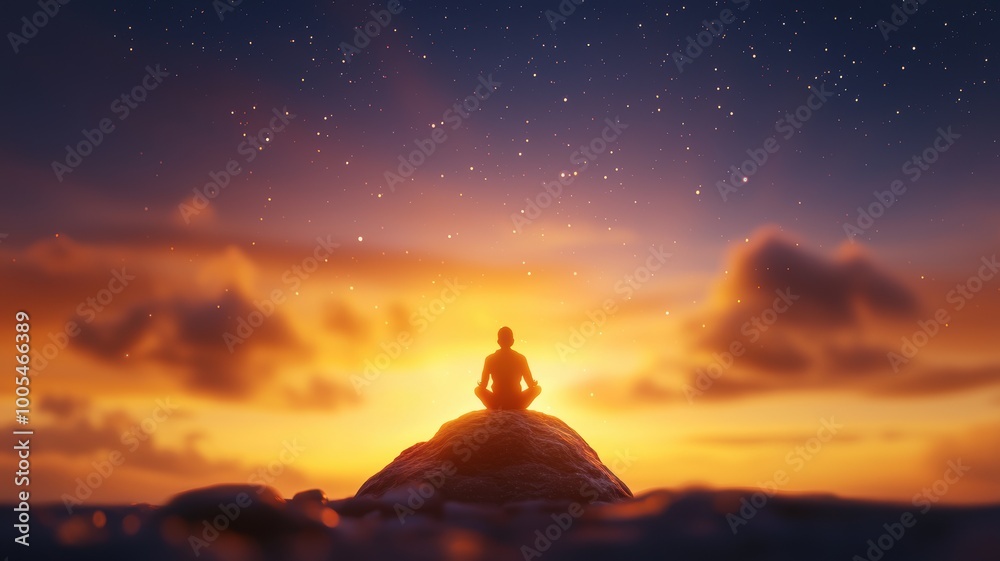 Solitary Person Meditating on a Rock at Sunset Solitary Person Meditating on a Rock at Sunset