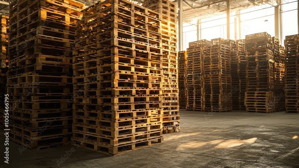 A well-lit warehouse filled with neatly stacked wooden pallets, showcasing organized storage and industrial efficiency. A well-lit warehouse filled with neatly stacked wooden pallets, showcasing organized storage and industrial efficiency.