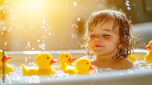 A young child enjoys a bath with rubber ducks, with sunlight shining down.