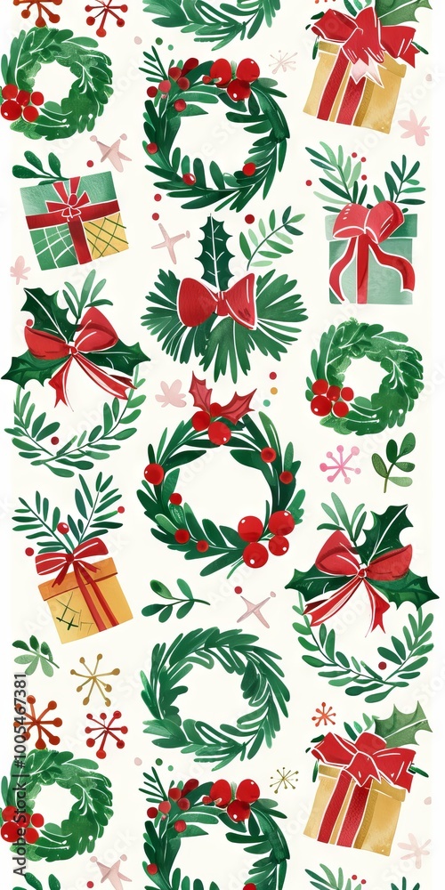 Repeating design of holiday wreaths and gifts. Repeating design of holiday wreaths and gifts.