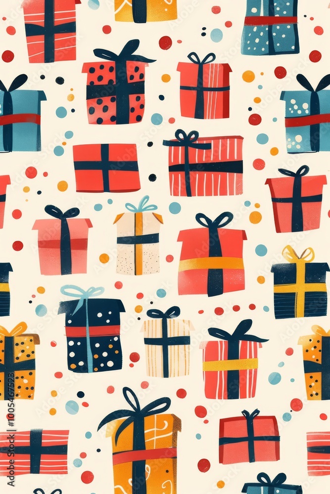 A vibrant pattern featuring various wrapped gift boxes with bows and polka dots, perfect for festive occasions and celebrations. A vibrant pattern featuring various wrapped gift boxes with bows and polka dots, perfect for festive occasions and celebrations.