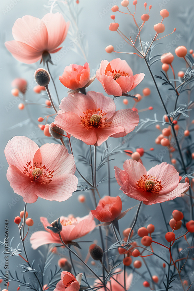 Flower background of delicate poppy flowers in pastel tones