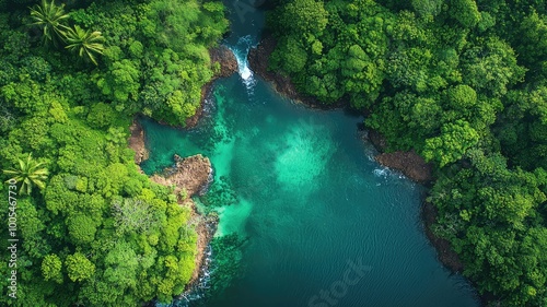 Aerial view of a lush green jungle surrounding a serene turquoise water body, showcasing nature's peace and beauty.