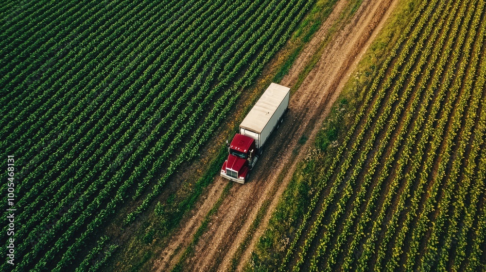 Obraz premium Aerial view of a red truck driving through lush green fields, showcasing agricultural transport and rural beauty.