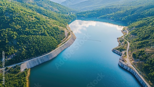 Aerial view of a serene reservoir surrounded by lush hills, reflecting clouds and sky in tranquil waters.