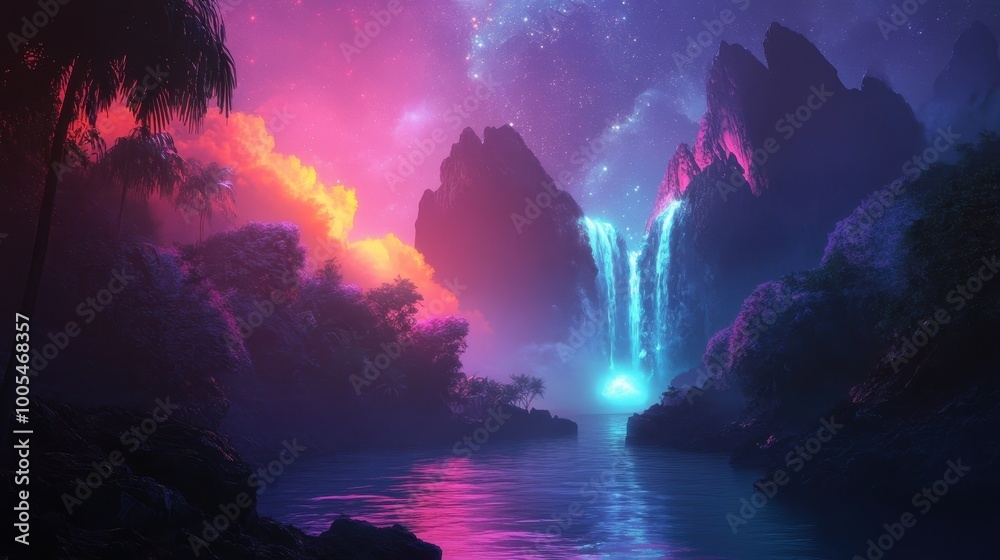 A Waterfall Cascasdes Down a Mountain into a Mystical Lagoon at Night A Waterfall Cascasdes Down a Mountain into a Mystical Lagoon at Night