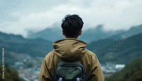 Man with Backpack Looking Out Over Mountains