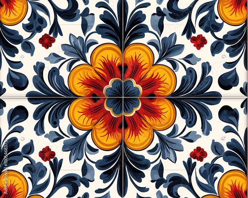 A Seamless Pattern of handpainted Portuguese azulejo tiles with intricate floral details, vibrant and traditional