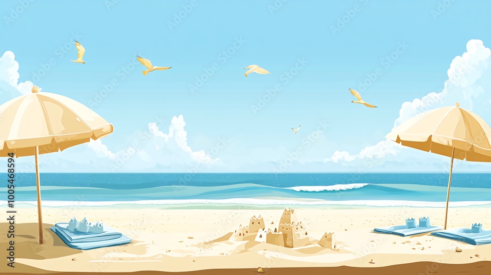 Naklejka premium A sunny beach scene with two umbrellas, beach towels, and a sandcastle.