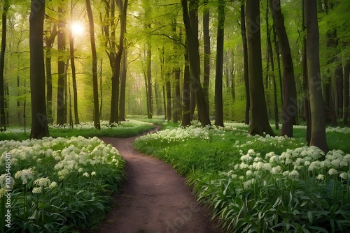 Pathway through the forest with blooming wild garlic (Allium ursinum). Stochemhoeve, Leiden, the Netherlands. Picturesque panoramic spring scene. Travel destinations, eco tourism, Generative AI photo