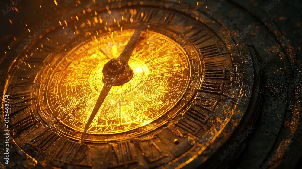 Obraz premium An artistic close-up of a glowing vintage compass, surrounded by sparks and a mystical atmosphere, symbolizing navigation and adventure.