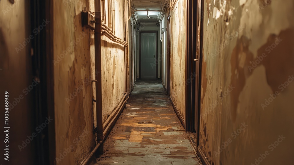 An eerie hallway with peeling walls and dim lighting, creating an atmosphere of mystery and abandonment. An eerie hallway with peeling walls and dim lighting, creating an atmosphere of mystery and abandonment.