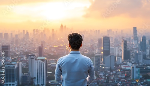 Businessman Contemplating the Cityscape at Sunrise