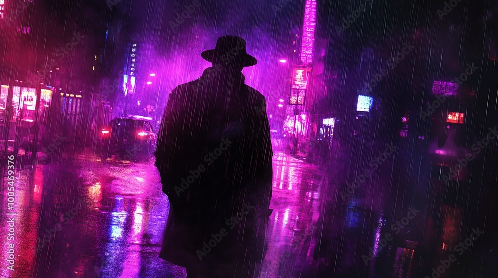 Mysterious figure in neon rainy cityscape Mysterious figure in neon rainy cityscape