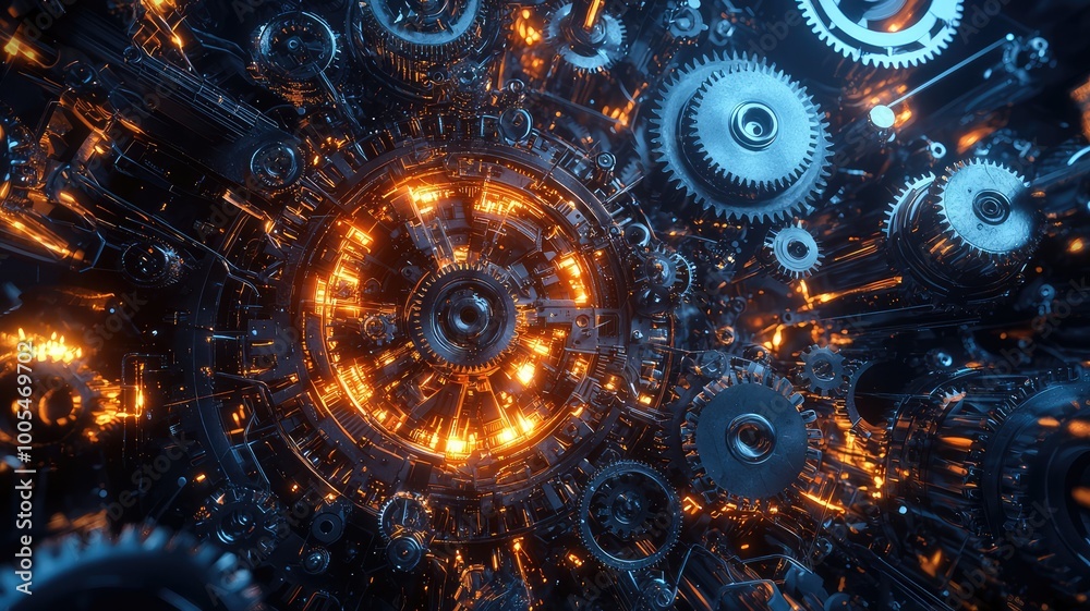 An intricate close-up of glowing gears and cogs, depicting the complexity of mechanical design and technology innovation. An intricate close-up of glowing gears and cogs, depicting the complexity of mechanical design and technology innovation.