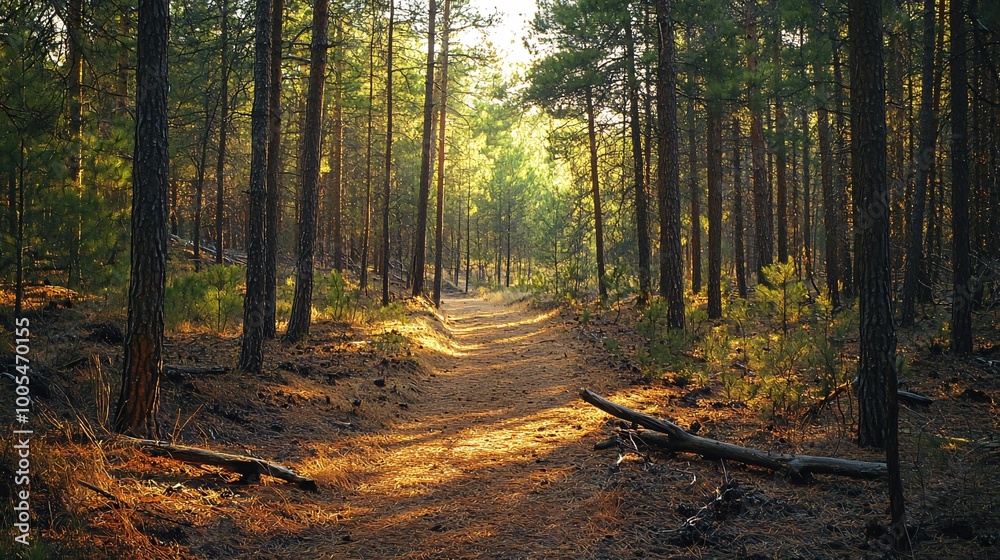 Fototapeta premium A sunlit path through a dense pine forest, with golden light illuminating the way.